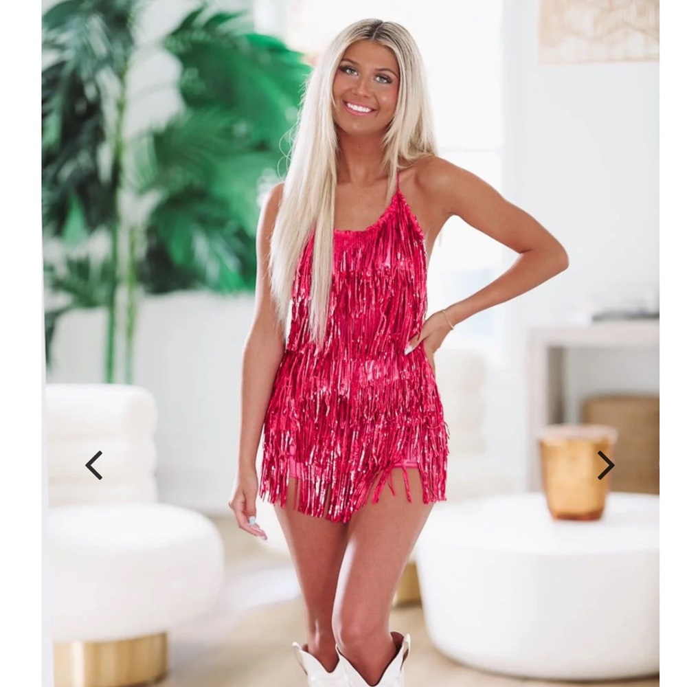 Front Stage Sequin Fringe Romper - Hot Pink - Hazel & Olive Boutique - Size M